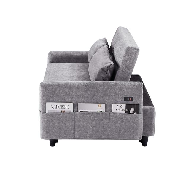 55.1" Pull Out Sleep Sofa Bed Loveseats Sofa Couch with Adjsutable Backrest, Storage Pockets, 2 Soft Pillows, USB Ports for Living Room, Bedroom, Apartment, Office,Grey