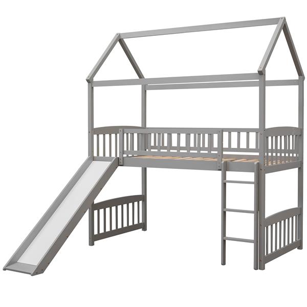 Twin Loft Bed with Slide, House Bed with Slide，Grey