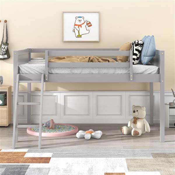 Twin Size Wood Low Loft Bed with Ladder, ladder can be placed on the left or right, Gray