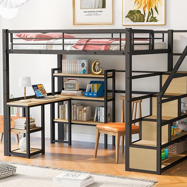 Full Size Metal Loft bed with Staircase, Built-in Desk and Shelves, Black