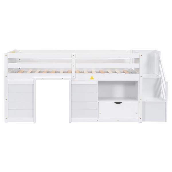 TWIN BED, SOLID WOOD TWIN SIZE LOW LOFT BED WITH STAIR, DRAWER, AND SHELF OF WHITE COLOR