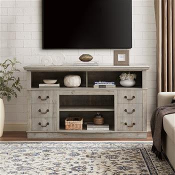 Traditional TV Media Stand Farmhouse Rustic Entertainment Console for TV Up to 65\\" with Open and Closed Storage Space, Light Gray, 60\\"W*15.75\\"D*34.25\\"H