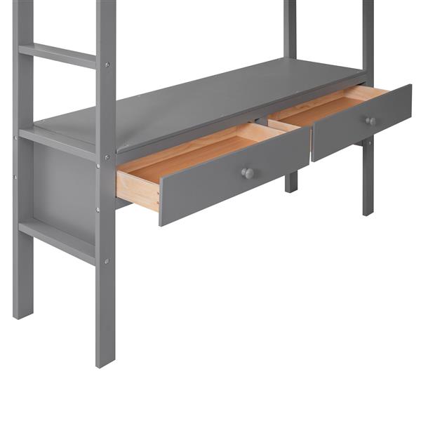 Full Size Loft Bed with Built-in Desk with Two Drawers, and Storage Shelves and Drawers,Gray