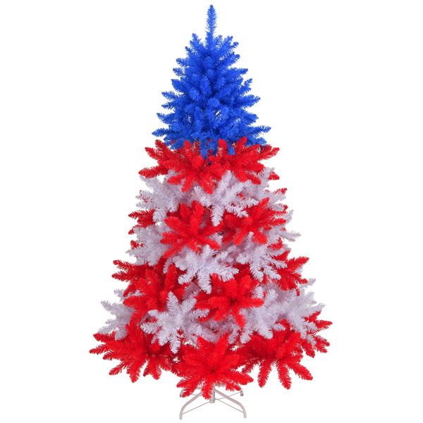 6 FT Patriotic Artificial Christmas Tree, Hinged Tree 4th of July Patriotic Decorations with 900 Branch Tips and Sturdy Metal Stand, Red & White & Blue