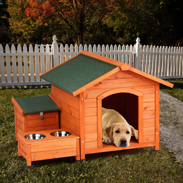  88*106*77cm Wooden Feral  Dog House for Outdoor and Indoor, Pet House with  Food Bowl& Food Storage Bucket