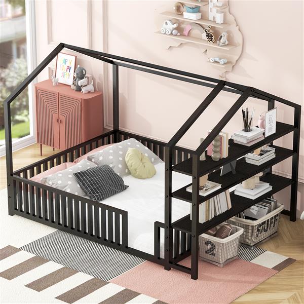 Full Size Metal House Bed with Fence and Detachable Storage Shelves, Black