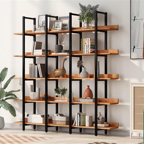 5 Tier Bookcase Home Office Open Bookshelf, Vintage Industrial Style Shelf, MDF Board, Black Metal Frame, Brown