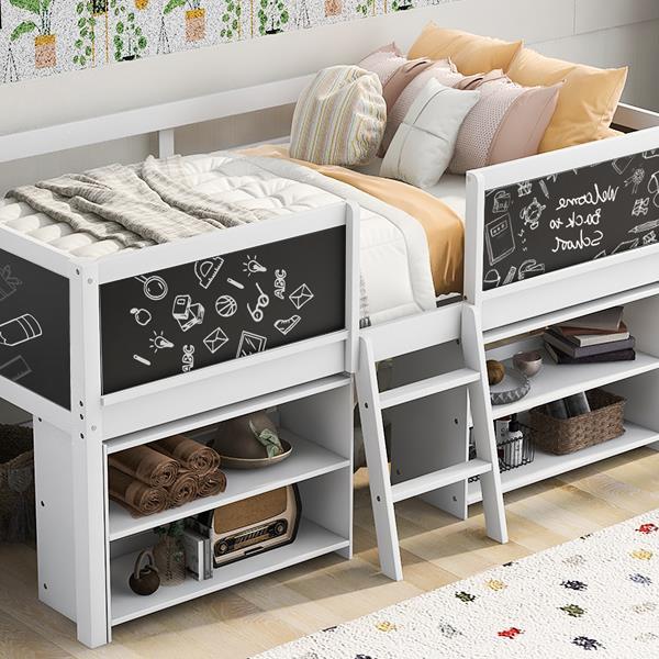 Twin Size Low Loft Bed with Two Movable Shelves and Ladder,with Decorative Guardrail Chalkboard,White