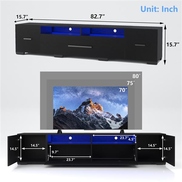 [Video] TV Console with Storage Cabinets, Remote, APP Control Long LED TV Stand, Full RGB Color Selection, 31 Modes Changing Lights Modern Entertainment Center with Power Cord (Black, for 80 inches)