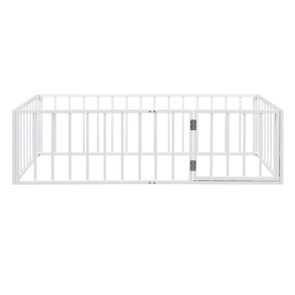 Twin Size Metal Floor Bed Frame with Fence and Door, White