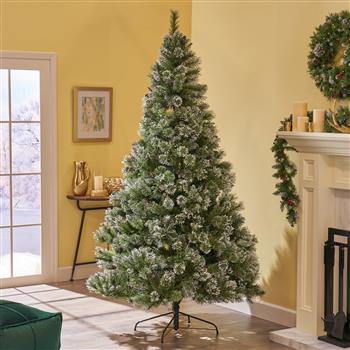 7\\'Mixed  Hinged Tree with Snow and Glitter and 78 Frosted Pine Cones and Dia:49