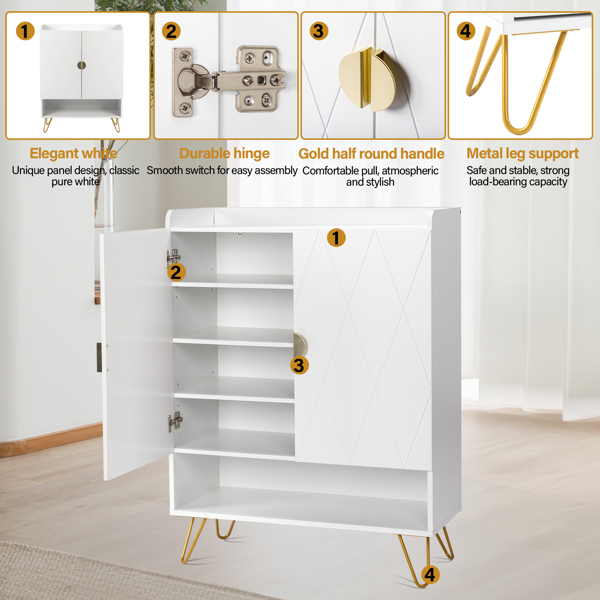 FCH V-Shaped Carved Door Panel, Double Door with Top Baffle, Shoe Cabinet, Particle Board, 80*37*110cm, White Cabinet + Gold Accessories