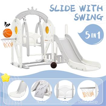 Toddler Slide and Swing Set 5 in 1, Kids Playground Climber Slide Playset with Basketball Hoop  Combination for Babies Indoor & Outdoor