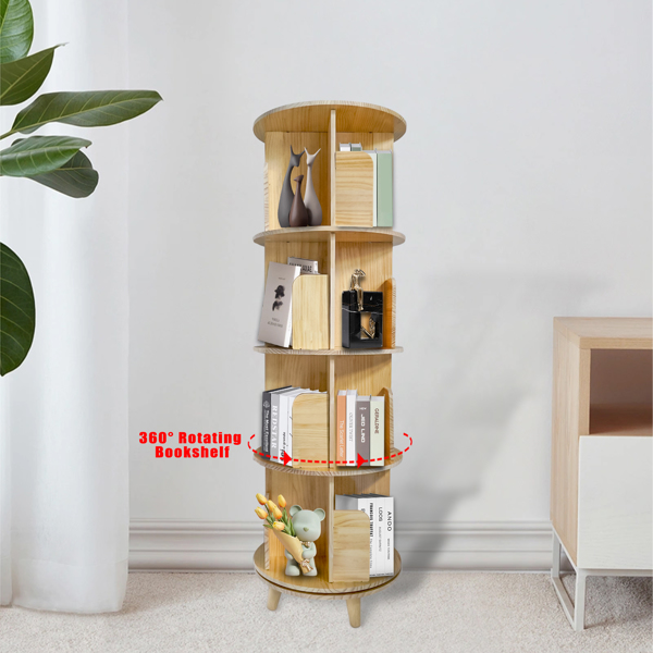 4-Layer Rotating Bookcase 360 Rotating Display Rack Pine Wood Rotating Bookshelf