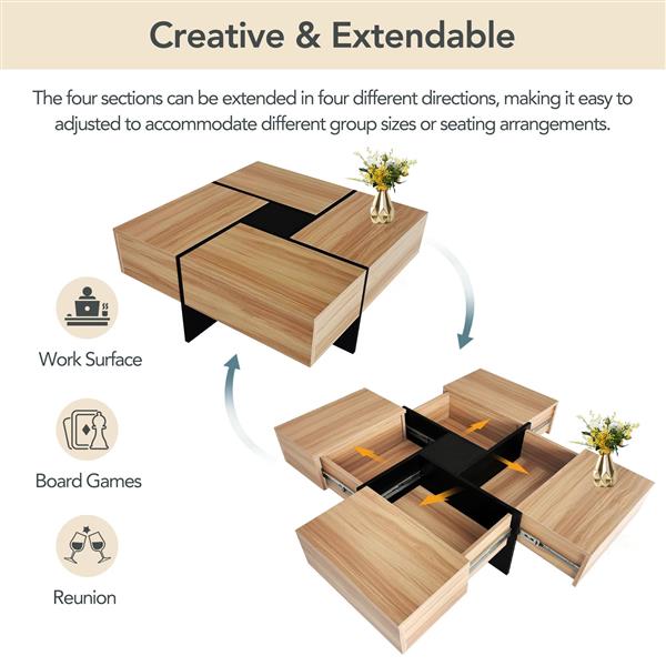 Unique Design Coffee Table with 4 Hidden Storage Compartments, Square Cocktail Table with Extendable Sliding Tabletop, UV High-gloss Design Center Table for Living Room, 31.5"x 31.5"