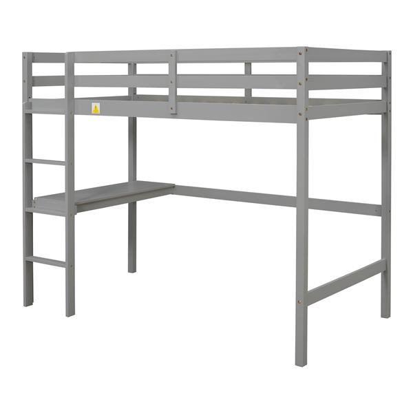 Twin Loft Pine Wood Bed with  built-in desk, Safety Guardrails, Ladder,Grey