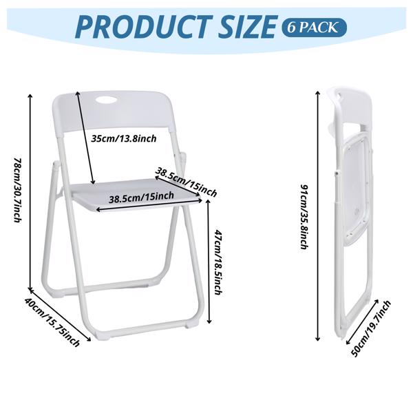 6 Pack Plastic Folding Chairs, Stackable Commercial Chairs, Portable Event Seats Indoor Outdoor for Home Event Party Picnic School Wedding, White