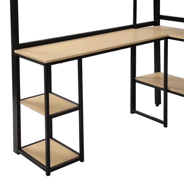 Full Size Metal Loft bed with Staircase, Built-in Desk and Shelves, Black