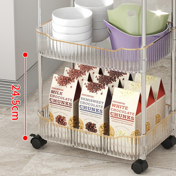 A transparent rolling multifunctional vehicle with wheels and handles, equipped with a 4-layer storage rack, assembled with wheeled mobile shelf units, suitable for narrow areas in kitchens, bathrooms