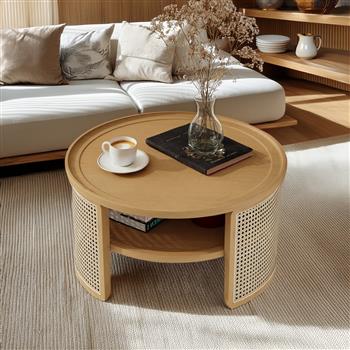 2-Tiered Round Natural Wood Coffee Table with Storage <b style=\\'color:red\\'>Rattan</b> Base in 31.3\\'\\'