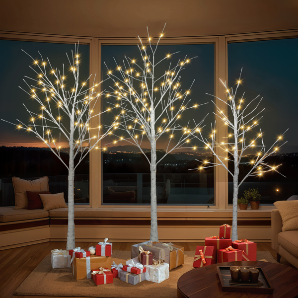 Set of Lighted Birch Tree, 4FT 48 LED/5FT 72 LED/6FT 96 LED Artificial Tree with Warm White Lights, Christmas Tree for ​Decoration Inside and Outside 