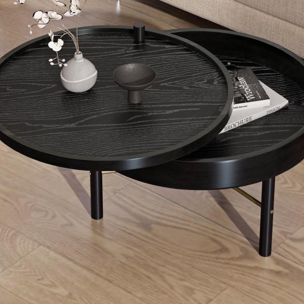 Modern Round Wood Rotating Tray Coffee Table with Storage & Metal Legs in Black