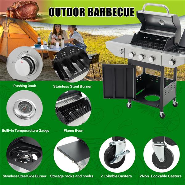 Propane Grill 3 Burner Barbecue Grill Stainless Steel Gas Grill with Side Burner and Thermometer for Outdoor BBQ, Camping