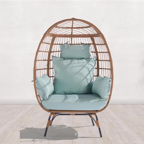 Wicker Egg Chair, Oversized Indoor Outdoor Lounger for Patio, Backyard, Living Room w/ 5 Cushions, Steel Frame,  - Light Blue