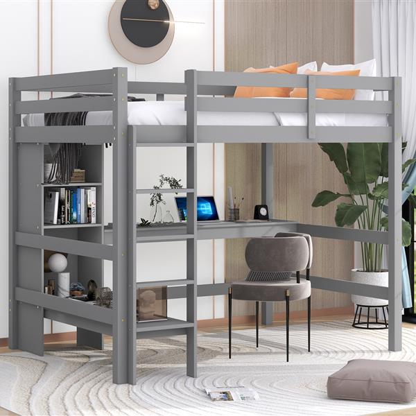 Full Size Loft Bed with Multifunction Shelves and Under-bed Desk, Gray