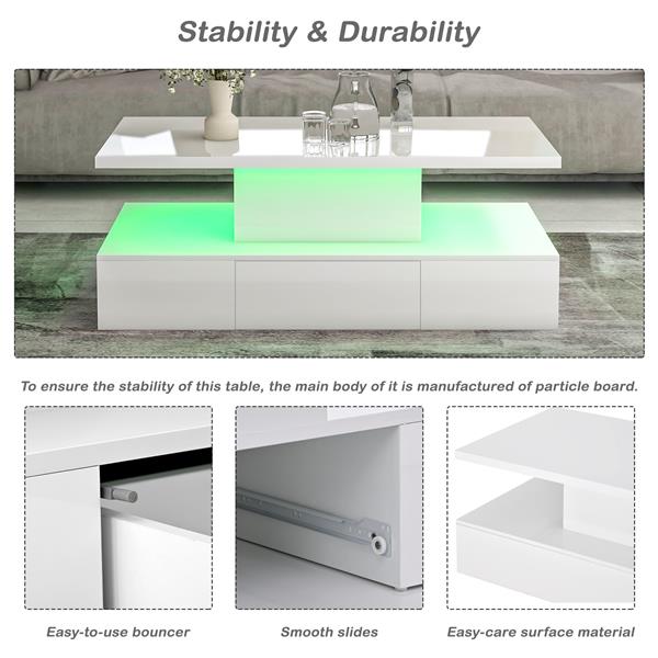 Modern Glossy Coffee Table With Drawer, 2-Tier Rectangle Center Table with LED lighting for Living room, 39.3''x19.6''x15.3'', White