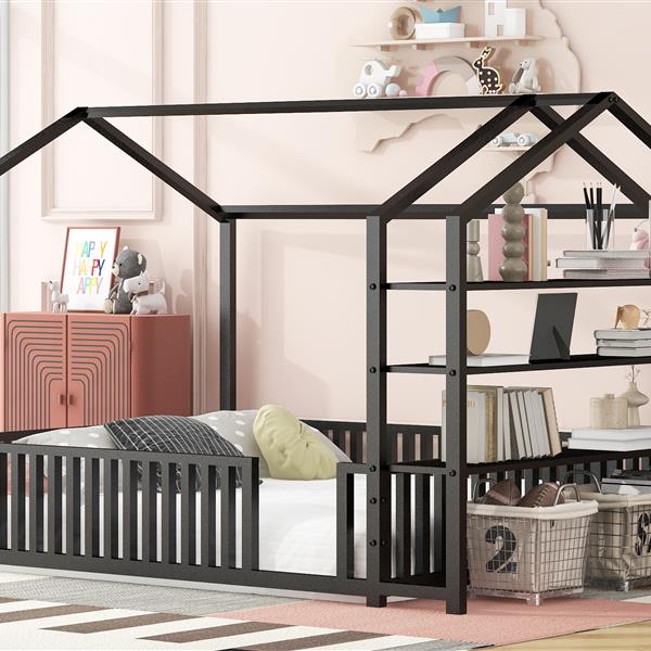 Full Size Metal House Bed with Fence and Detachable Storage Shelves, Black