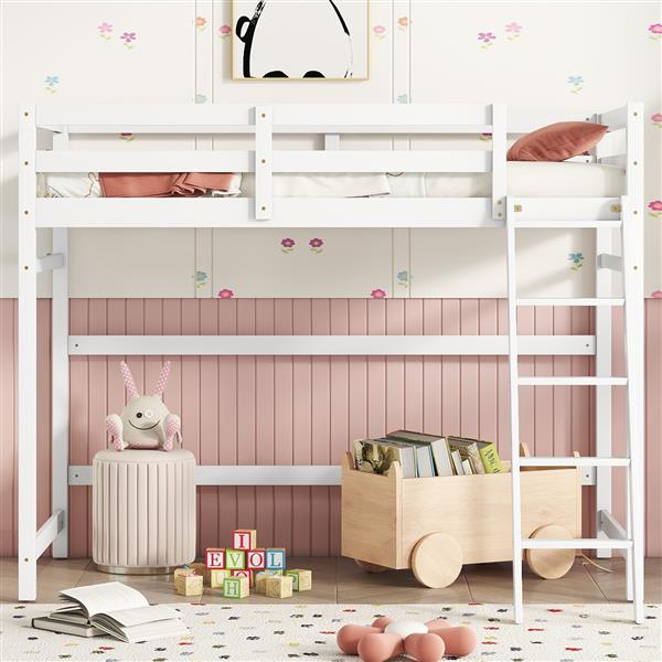 Twin Size High Loft Bed with inclined Ladder, Guardrails,White