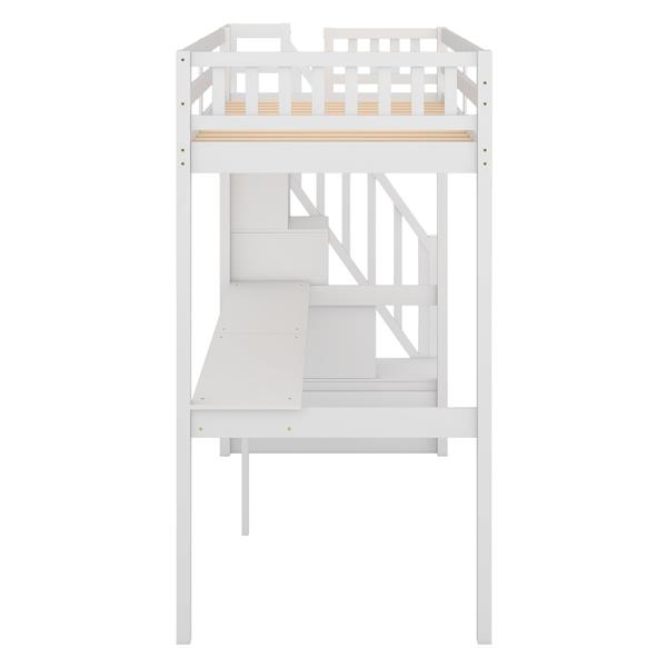 Twin Size Loft Bed with Storage Staircase and Built-in Desk, White