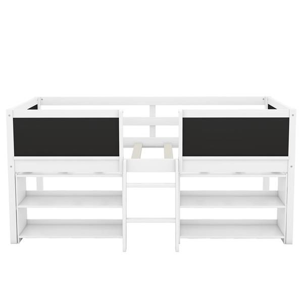 Twin Size Low Loft Bed with Two Movable Shelves and Ladder,with Decorative Guardrail Chalkboard,White