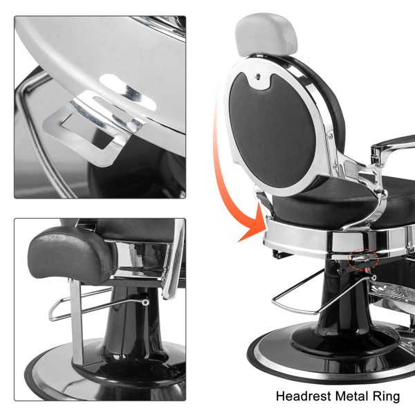 PVC leather, silver plated aluminum alloy frame, extra large pump disc with towel rack, square seat cushion without buttons, reclining hair salon chair 150kg silver