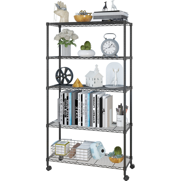 5-Layer Plastic Coated Iron Shelf with 1.5" Nylon Wheels 165*90*35 Black