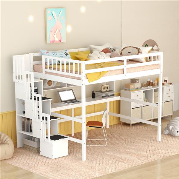 Full Size Loft Bed with Built-in Desk, Bookshelves and Storage Staircase,White