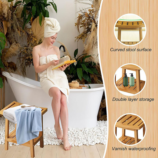 Bamboo Shower Bench, Wooden Spa Bath Deluxe Organizer Shower Stool for Inside Shower Waterproof, Bathroom Bench Seat for Adults Elderly Seniors for Indoor or Outdoor Use