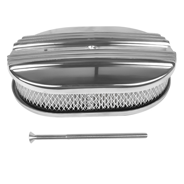 12" Oval Polished Aluminum Half Finned Air Cleaner Assembly for Chevy Ford 5-1/8" Carb