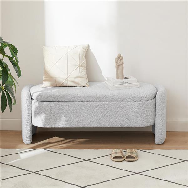 Oval Storage Bench 3D Lamb Fleece Fabric  Bench with Large Storage Space for the Living Room, Entryway and Bedroom,gray