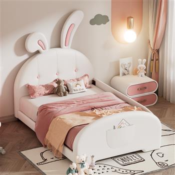 Twin size Upholstered Rabbit-Shape Princess Bed ,Twin Size Platform Bed with Headboard and Footboard,White