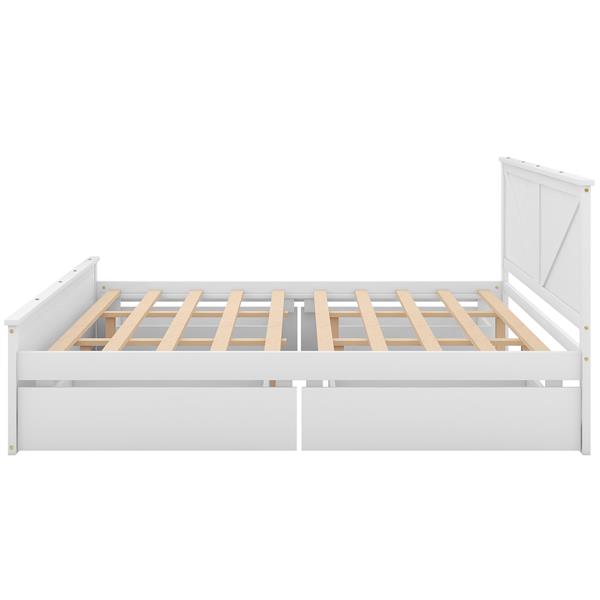 King Size Wooden Platform Bed with Four Storage Drawers and Support Legs, White