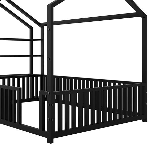 Full Size Metal House Bed with Fence and Detachable Storage Shelves, Black