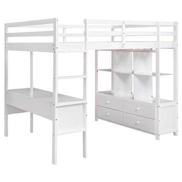 Full Size Loft Bed with Built-in Desk with Two Drawers, and Storage Shelves and Drawers,White