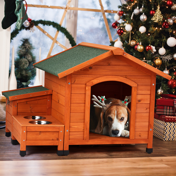  88*106*77cm Wooden Feral  Dog House for Outdoor and Indoor, Pet House with  Food Bowl& Food Storage Bucket