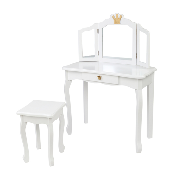 Children's Wooden Dressing Table Three-Sided Folding Mirror Dressing Table Chair Single Drawer White Crown Style