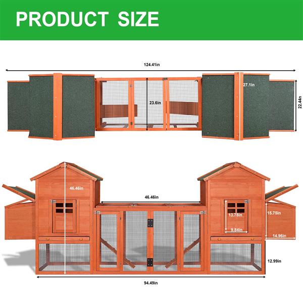 Outdoor Wooden Chicken Coop, 124" Large Hen Cage Rabbit House, Bunny Hutch with Ventilation Door, Removable Ramp Garden Backyard Pet House Chicken Nesting Box