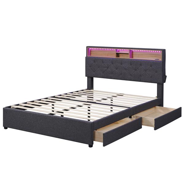 Full Size Upholstered Platform Bed with Storage Headboard, LED, USB Charging and 2 Drawers, Dark Gray