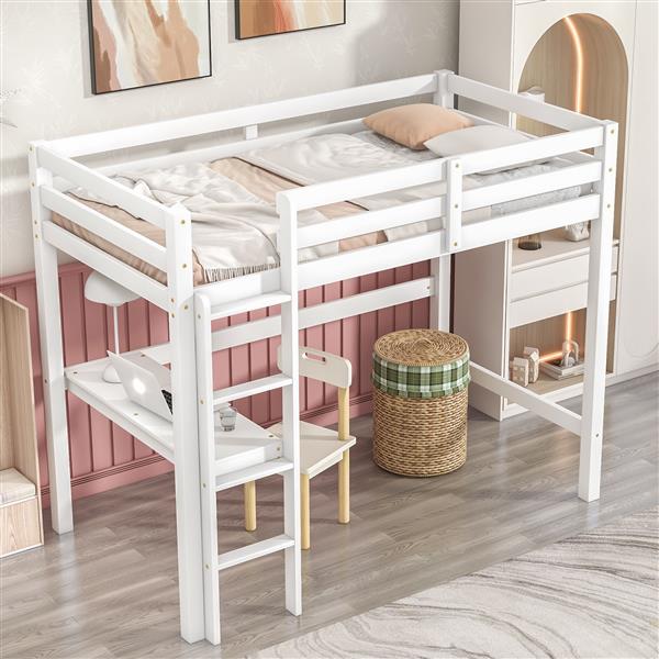 Twin Loft Pine Wood Bed with  built-in desk, Safety Guardrails, Ladder,White