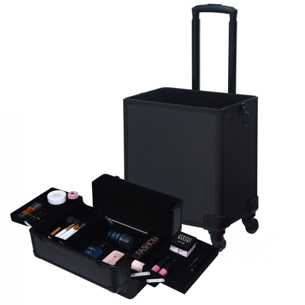 FCH 4pcs trolley type with universal wheels ABS all black cosmetic case